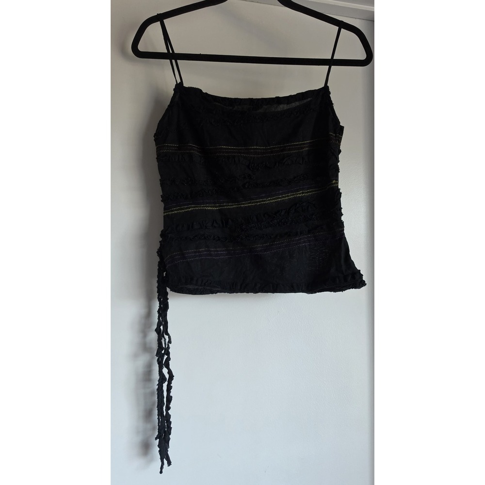 Zara Basic Women Tank Top M Black Striped Sleeveless Boho VTG Fringe Side Tie